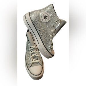 Like New. Converse Silver Warped Board All Star Hi Sneakers. Women’s size 8